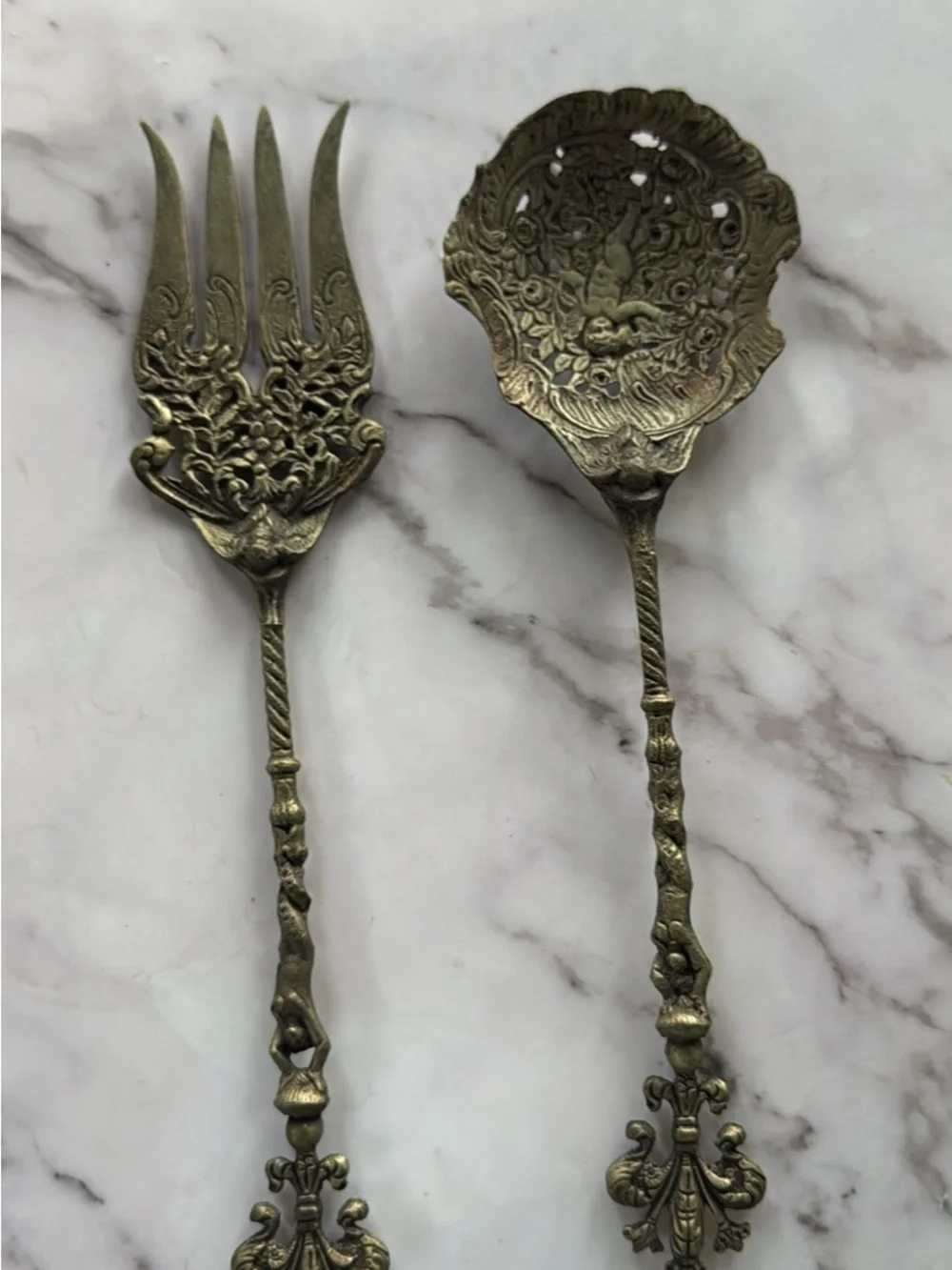 Antique-Style Brass Carving Serving Fork - Gold Tone